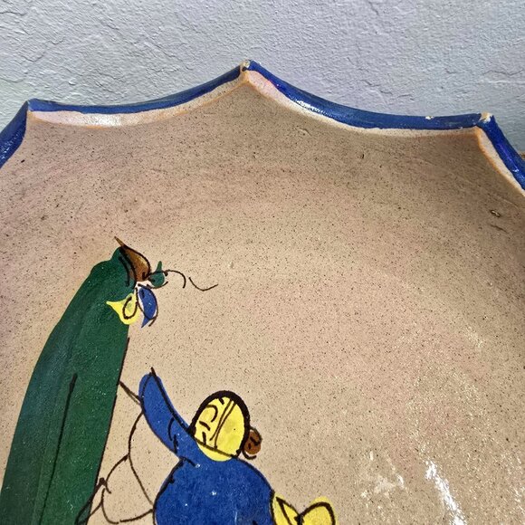 Handmade Mexican Tlaquepaque Ceramic Serving Bowl Painted Bird  Cactus Design - Picture 12 of 12